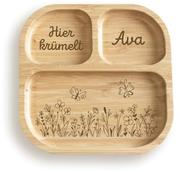hellomini Personalisierter Babyteller mit Saugnapf – Individueller Kinderteller aus hochwertigem Bambusholz – Geschenk zur Geburt & Taufe – BPA-frei (Blumenwiese, Teller+Besteck(rosa))