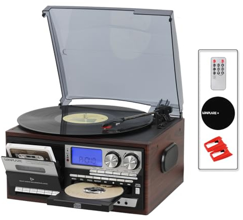 All in One Vintage 3 Speed Vinyl Record Player con altoparlanti incorporati, Bluetooth in/Out giradischi, lettore CD/cassetta/USB/scheda TF, ingresso AUX, radio FM/AM, uscita RCA, registrazione