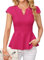 Women's Summer Elegant Peplum Blouse Solid Short Cap Sleeve Slim Fit Blouse V Neck Business Office Tops Rose Red M
