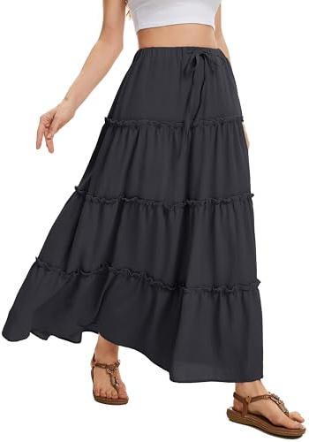 WUWUSKY Jupe Longue D'été pour Femme Skirt Maxi Décontractée avec Cordon de Serrage 2 Poches et Ourlet à Volants