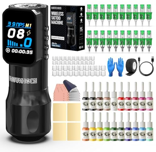 Wormhole Tattoo Maschine Set, Komplettes Kabellos Tattoo Stift Set mit 20pcs Tattoo Nadeln 20pcs Tattoo Farbe Professionell Tragbar Tattoo Pen für Tattoo Tätowierer