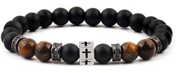 TOLOWOBK Bracelet Pierre Naturelle Homme Bracelet Croix Oeil de Tigre Homme Garçons Perle Elastique Bracelets de Perles Catholique Baptême Confirmation Cadeau Paques Anniversaire Pour Papa Fils Mari