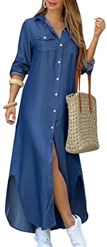 OMZIN Damen Gekrempelte Ärmel Button Down Hemdkleid Lässige Kleider Mit Blumendruck Lockeres Kleid