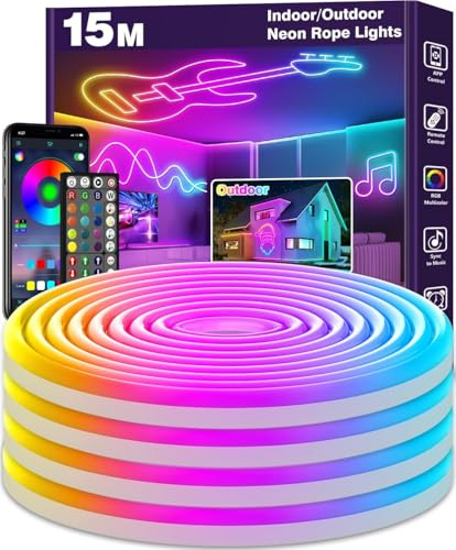 LETIANPAI 15m Neon LED Strip, Flexible LED Strips, Control with App/Remote, Multiple Modes, Waterproof, Music Sync Gaming Strip Lights for Bedroom Indoor, IP65 Outdoor RGB Neon Lights.