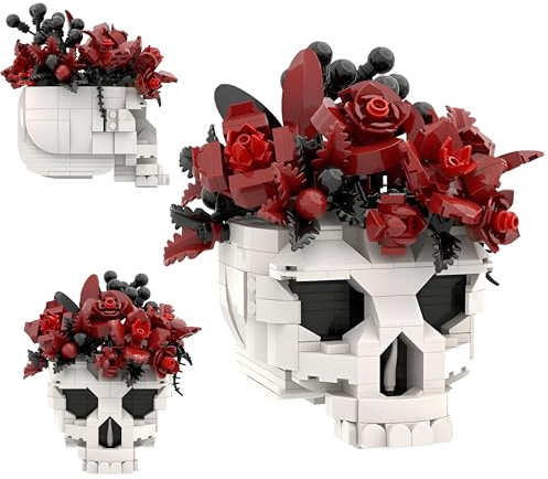 Skull Rose Red Bouquet Building Blocks Set, 510 PCS Artificial Flower Botanical Building Bricks Toys, Gothic Horror Skeleton Plant Pot Building Kit for Home Decor, Ideas Gifts for Teens Adults