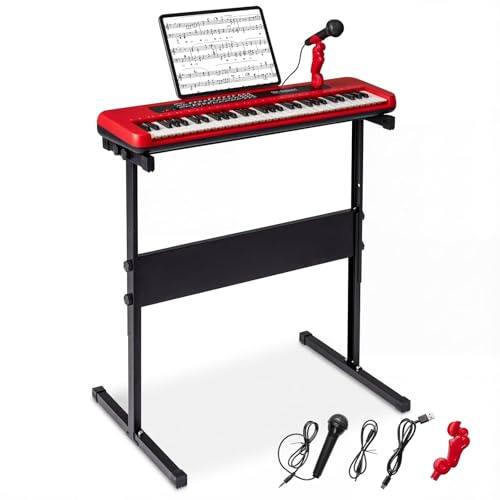 FANTASK Piano digital de 61 teclas, teclado infantil con soporte ajustable, micrófono y atril, piano electrónico para niños con sonidos, demostraciones y ritmos, para niños a partir de 3 años (rojo)