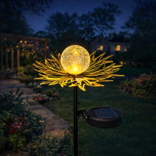 QOCNAM Solar Garden Lights Outdoor Decor, Metal Flower Stake Light with Warm White Crackle Glass Globe, Waterproof Decorative Solar Yard Art for Patio Lawn Backyard Pathway, Gardening Gift(Gold)