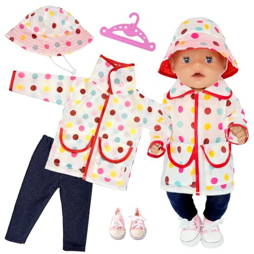 Atomvia Puppenkleidung 35-43 cm, Regenmantel Puppen Outfit mit Bunter Punkte Regenjacke & Hut, Dunkelblaue Leggings, Rosa Schuhe & Kleiderbügel, Puppenzubehör für Babypuppen Jungen Mädchen Geschenk