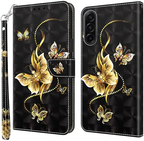 CLM-Tech Handyhülle kompatibel mit Samsung Galaxy A37 5G Hülle - Tasche aus Pu Leder - Klapphülle mit Ständer und Kartenfächern - Schutzhülle Wallet Case Cover goldene Schmetterlinge schwarz