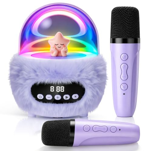 Kids Karaoke Machine with 2 Wireless Mics: Bluetooth Speaker Gift Ages 3-10 | 5W Clear Sound, Bluetooth 5.4, Easy Controls, 4 Voice Effects, RGB Disco Lights, Reduced Squealing, Original Vocal Reduction