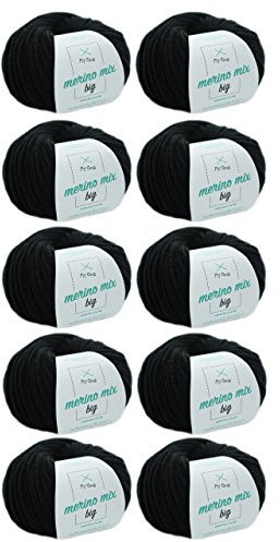 MyOma Merinowolle Schwarz (Fb 3200) - 10 Knäuel zum Stricken - Dick + GRATIS Label - 50g/75m - Nadelstärke 6-7mm - Weich