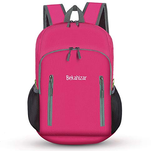 Bekahizar 20L Ultra Lightweight Backpack Foldable Hiking Daypack Rucksack Water Resistant Travel Day Bag for Men Women Kids Outdoor Camping Mountaineering Walking Cycling Climbing (Rose Red)