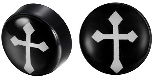 JewelryWe Schmuck Magnet Ohrstecker, Klassiker Kreuz Edelstahl Runde Fakeplugs Fake Plug Magnetische Ohrringe Ohrclip Clips Kein Ohrloch Piercing für Herren Damen, Schwarz Weiß