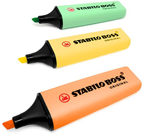 STABILO BOSS Original Pastel Highlighter Pens Markers - Set of 3 - Peach, Yellow, and Mint