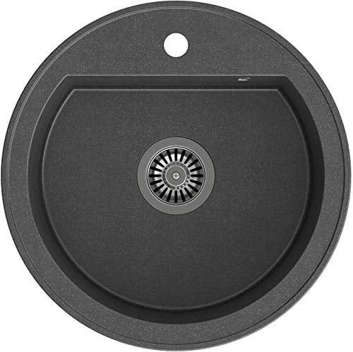 VBChome Spülbecken Schwarz 51 cm Rund Spüle Granitspüle Einzelbecken Küche Einbauspüle Verbundspüle Küchenspüle gesprenkelt + Siphon Waschbecken