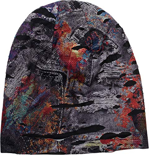 styleBREAKER Beanie Mütze im Splat Style mit Klecksen und Zeichen im Destroyed Vintage Look, Unisex 04024077, Farbe:Anthrazit-Rot-Blau-Gelb