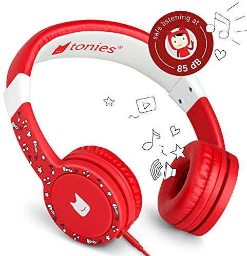tonies Kids Headphones Wired for Toniebox, Kid-Safe Volume-Limiting Cushioned Over Ear Headphones for Listening to Audiobooks, 1.2m Cable and 3.5mm Jack, Red