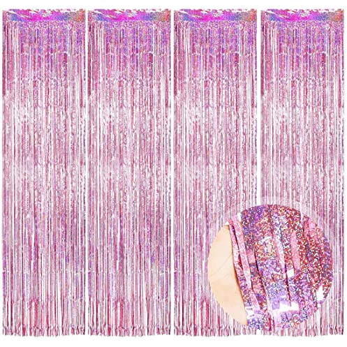 O-Kinee Lametta Vorhänge Rosa Glitzer, 4 Stück Metallische Glitzervorhang Fringe 1m x 2m, Glitzer Tinsel Curtain, Folienfransen Vorhang für Geburtstage Festivals Party deko Einschulung mädchen