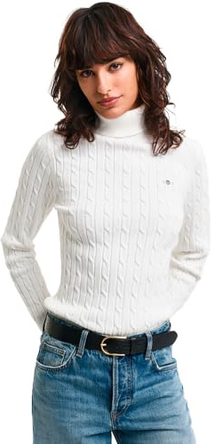 GANT Women's Stretch Cotton Cable Turtleneck Pullover, Eggshell, S