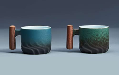 BlogBlog Tazas de café expreso de cerámica con mango de madera, tazas de chupito de café expreso, tazas de té de cerámica, tazas de porcelana Demitasse para café o té, 3 onzas (azul y verde, 2)
