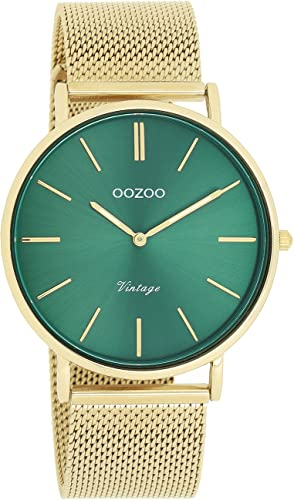 Oozoo Vintage Damen Uhr in Gold/Grün - Armbanduhr Damen mit 16mm Milanaise-Metallband - Analog Damenuhr in rund - C20296
