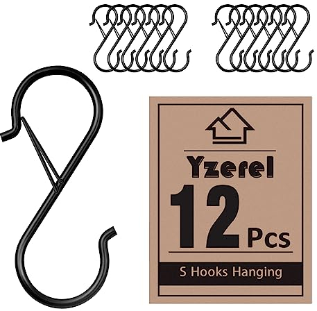 Yzerel 12Pcs S Hooks Hanging Safety Buckle - 3.5 inch Heavy Duty S Hooks,Hanging Plants for Closet Clothes, Kitchen Utensil, Pots and Pans, Bags (Black)