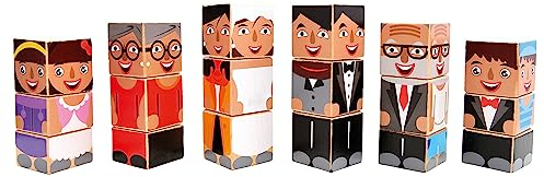 Mertens Drehwürfel-Puzzle Familie, Holzspielzeug für Kinder ab 3 Jahre, beliebige Anordnung der DREI leicht drehbaren Holzbilderwürfel, 18 Holzwürfel, Motorikspielzeug, farbenfrohe Gestaltung