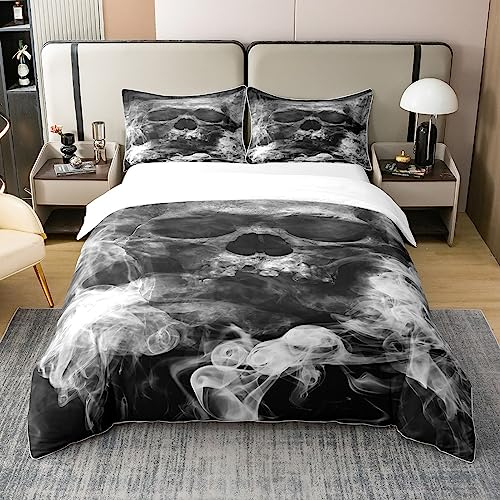 100% Bio Baumwolle Schädel Bettbezug 200x200,Halloween Bettwäsche Set für Erwachsene,Gothic Nebel Rauch Tröster Abdeckung für Jungen,Schädel Skelett Bett Sets mit 2 Kissenbezüge Schlafzimmer Dekor