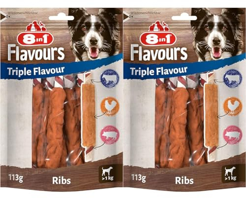 8in1 Triple Flavour Ribs Kaustangen für Hunde - Kausnacks mit extra viel Fleisch, 113g Beutel (ca. 6 Stück) (Packung mit 2)