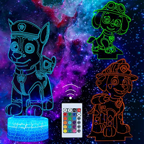 3 Stück Paw Dog Patrol Nachtlicht für Kinder, 3D-Nachtlicht für Kinderzimmer, Paw Dog Patrol Lampe, 16 Farben Ändern mit Fernbedienung, Paw dog Spielzeug Mädchen Geburtstag Weihnachtsgeschenke