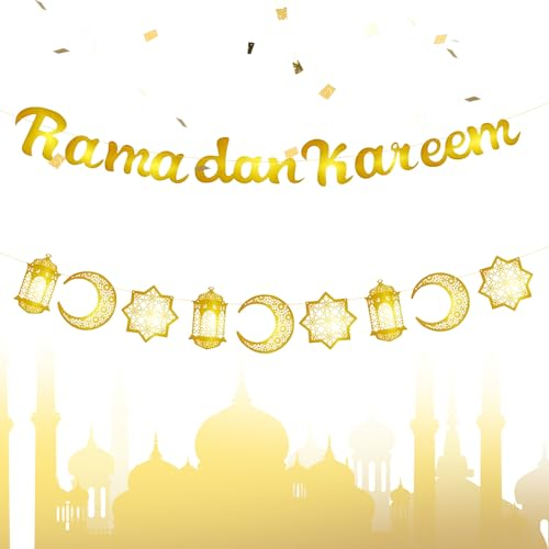 SPERMUOY Ramadan Kareem Girlande,Eid Mubarak Dekoration,Mond Stern Laterne Schloss Banner Girlande,Ramadan Mubarak Banner,Eid Mubarak Banner für den Muslimischen Islam Ramadan