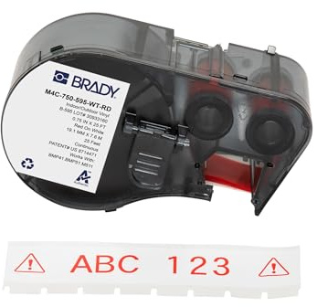 Brady Vinyl-Etikettenband für Etikettendrucker BMP41/BMP51/BMP53/M511 - Klebeetiketten - Rot auf Weiß (19,05 mm (B) x 7,62 m (L)) - M4C-750-595-WT-RD