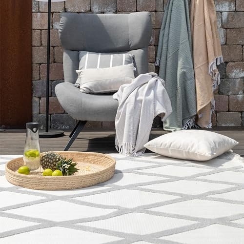 Schöner Wohnen Kollektion Hochwertiger Outdoor Teppich wetterfest - Teppich Wohnzimmer - Außen Teppich strapazierfähig Balkon, Terasse, Garten - graue Rauten beige 80 x 150 cm