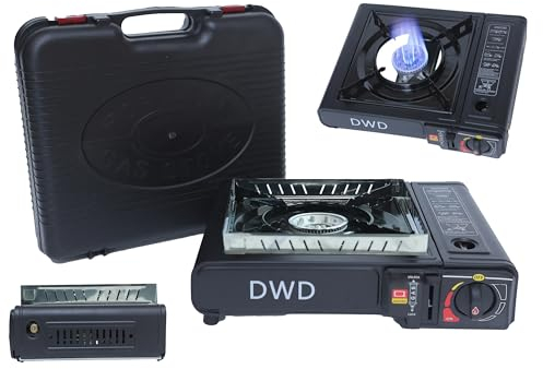 DWD® Premium Gas Stove 2.5KW With Windshield - Butane or LPG Compatible, EN417 Compliant With Automatic Ignition, Heat Control and Enamel Pan Support in Black