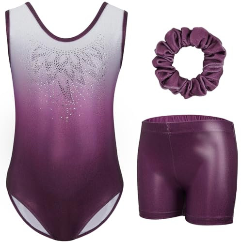 Gogokids Mädchen Drei Teiliges Gymnastikset, Ärmelloser Gymnastikanzug mit Shorts und Haarband, Ballett Tanzender Leotard Gymnastik Outfit mit Funkelnde für Mädchen, Ärmellose Trikots für 8-9 Jahre