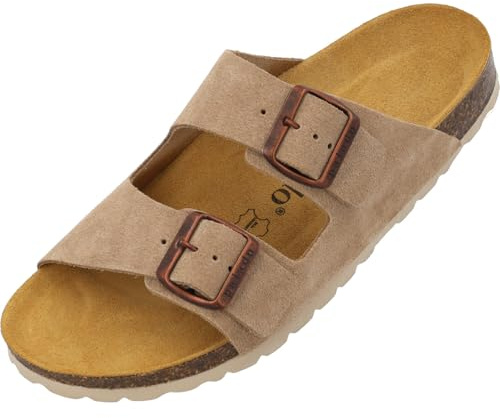 Palado Pantoletten Damen Korfu Suede Premium Leather - bequeme Sandalen Made in Spain - Hausschuhe mit Kork-Fußbett - modische Sommerschuhe Beige/Kupfer UK9 - EU42