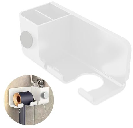 CavspkArt Wall Mounted Hair Dryer Holder No Drilling Hairdryer Holder with Plug Hook and Storage Box Wall Mount Hair Tool Organizer Hair Dryer Holder for Bathroom Bedroom (Ivory White)