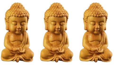 Cabilock Mini Buddha Statue aus Holz 3Er Set Kreative Handwerkliche Buddha Figur für Zuhause Auto Dekoration Feine Holzschnitzerei 2.56X1.38X3.54In