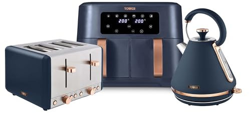 Tower Cavaletto Kitchen Set, 1.7L Rapid Boil Kettle & 4 Slice Toaster & 8.5L Digital Dual Basket Air Fryer, Midnight Blue and Rose Gold T10044MNB, T20051MNB, T17137MNB
