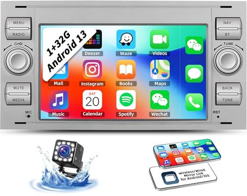 OiLiehu 1G+32G Android 13 Car Stereo for Ford Fiesta Focus Transit Connect Mondeo S-Max C-Max, 7” IPS Touchscreen Radio Upgrade with GPS WiFi Bluetooth Mirror Link FM RDS SWC EQ Backup Camera