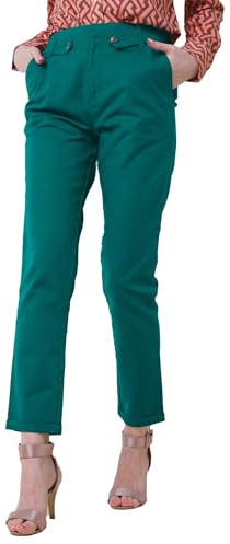 Enorsia Womens Tapered Leg Trousers - Adjustable Waist with Metal Popper Trendy Waist Belt Concealed Fly Front Fastening (8, Green)