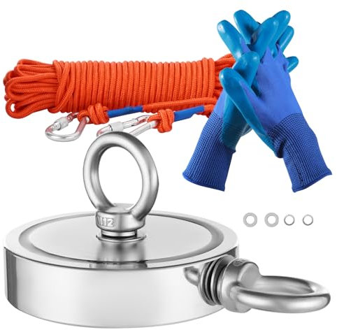 VEVOR Magnet-Angelset Magnet Angel Kit (Orange) 907 kg doppelseitige Zugkraft, Seltenerd-Neodym-Magnet-Angelset inkl. Haken Hochleistungsseil Handschuhe (Blau) Ringschraube