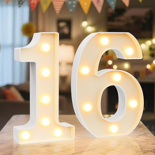 LED Zahlen Lampe Nummer Beleuchtete Ziffern 16,Warmes & Kaltes Weiß Led Leuchtzahlen für Happy Birthday Deko,Party deko,Hochzeitsdeko,Batteriebetriebene,Desktop Wandtischdeko