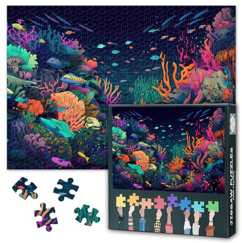 Marine Scenery Jigsaw Puzzles for Adults 1000 Pieces, Trippy Underwater Scene with Schools of Fish, Coral Reefs, and Colorful Marine Life Puzzle 1000 Piece, 19.5 x 27.5 Inch