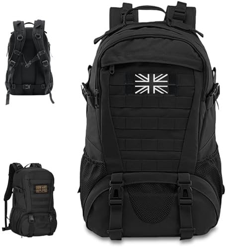 VIHARYEM Sac à dos tactique militaire Molle 30 l Sac à dos d'assaut de l'armée Sac à dos pour ordinateur portable randonnée randonnée chasse Sac à dos noir avec 2 patchs drapeau et porte-bouteille