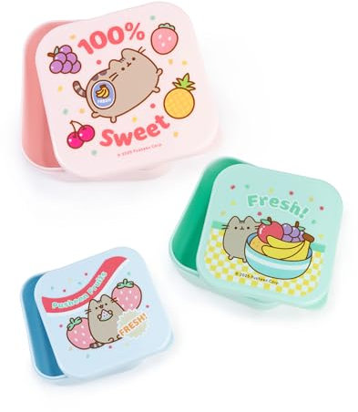 Pusheen Das Katzen-Snack-Topf-Set in Hellblau, Rosa und Mintgrün | 3-teiliges Stapelbehälter-Set | Cartoon-Design mit frischem Obst | Ideal zum Aufbewahren von Snacks und Leckereien