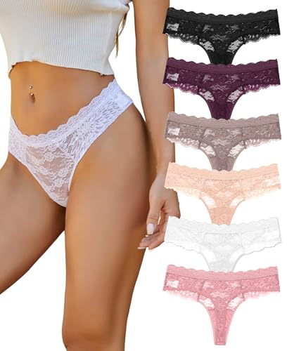 ALL OF SHE Strings Tanga Dentelle Femmes sous-vêtements Sexy Lace Lot de 6 Thongs Femmes Multipack S-XL