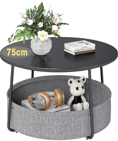 BREEZENEST Round Coffee Table with Storage Basket, 75cm Modern End Side Table for Living Room, Sturdy Steel Frame Holds 40kg, Easy Assembly (Black)