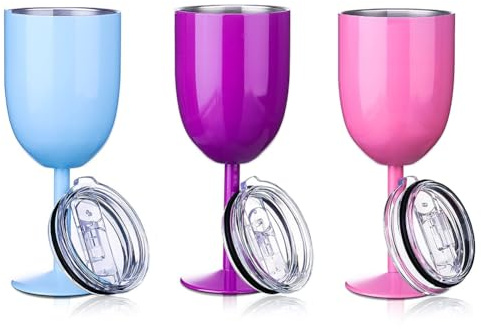 Buerjia Stemmed Stainless Steel Wine Glasses with Lid Double Wall Insulated Wine Tumbler Goblets Wine Glasses(No Straw)
