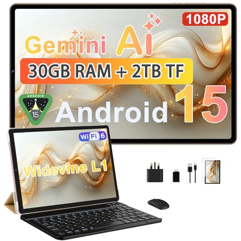Biegedy 2026 Newest Tablet 10 Inch Android 15, Gemini AI, 30GB RAM + 2TB TF, 6000mAh,Octa-Core,Widevine L1,WiFi 6,5 MP + 8 MP,1280 * 800 Pixels,GMS,Bluetooth 5.0, Tablet with Keyboard and Mouse - Gold